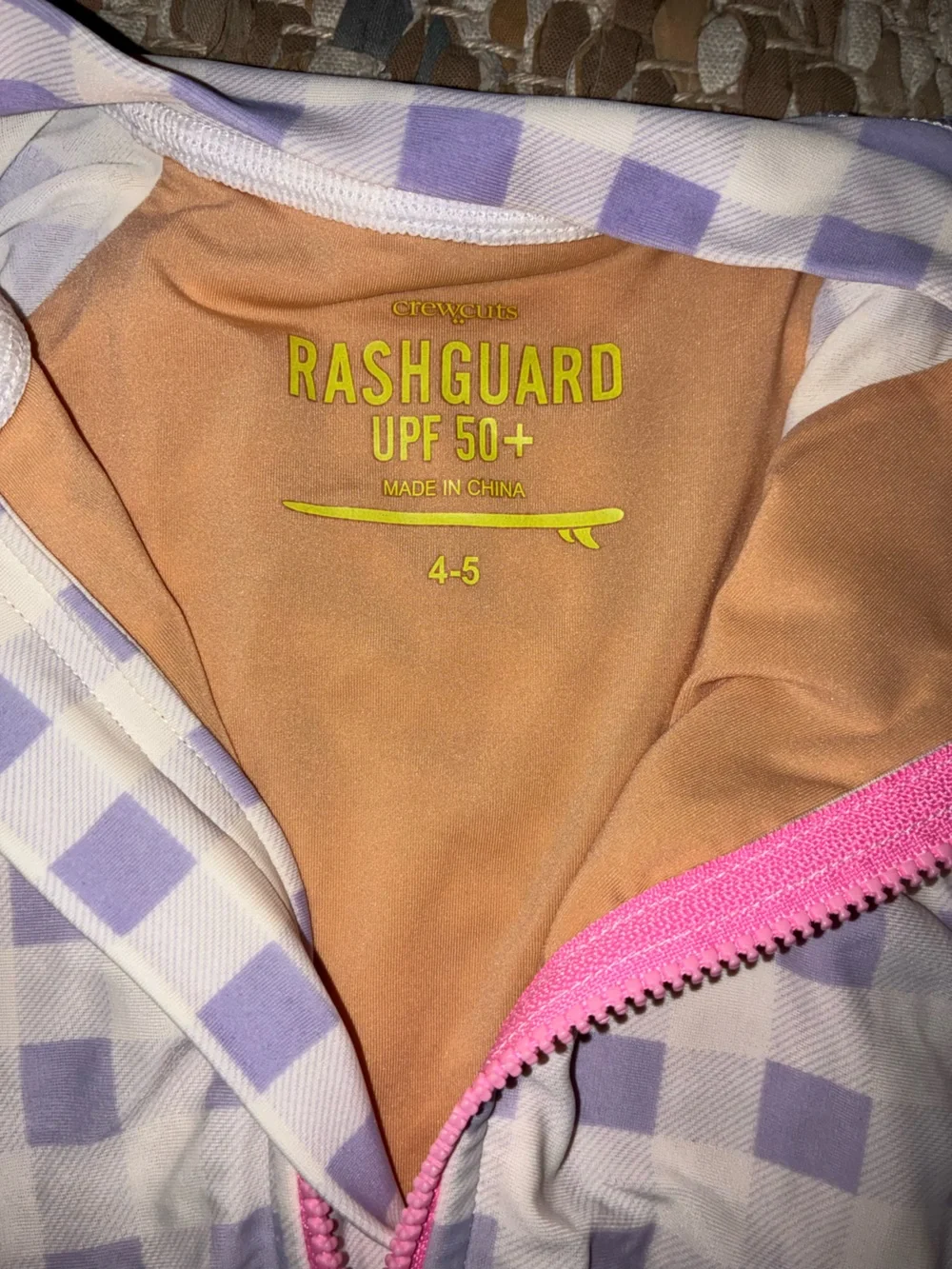 Crewcuts Lavender Gingham Long-Sleeve Rashguard with Pink Zip